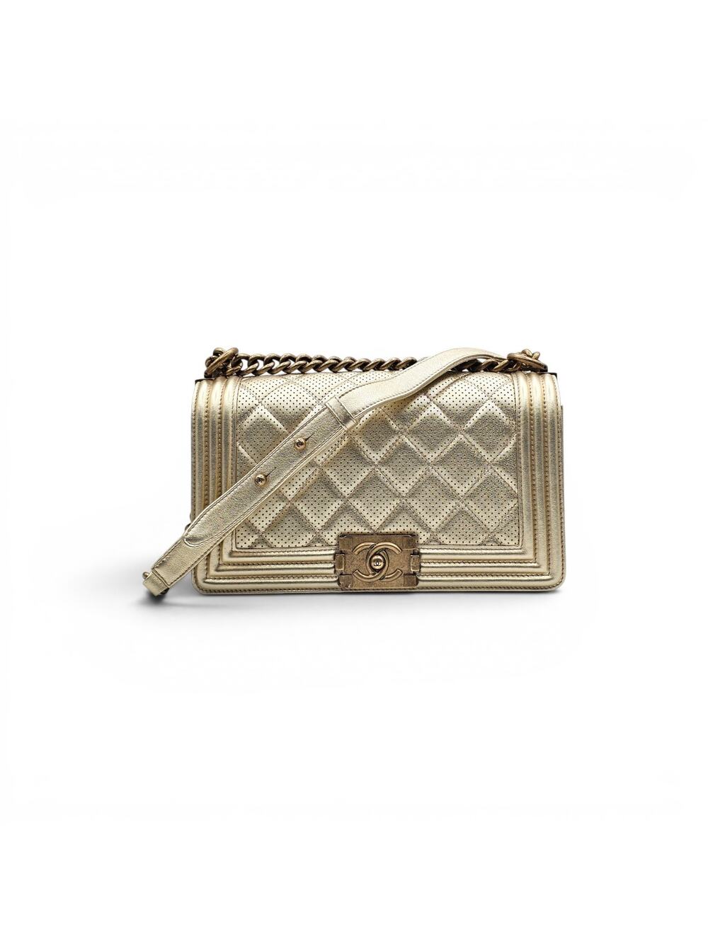 Chanel Medium Boy Perforated Gold Leather with Antique GHW